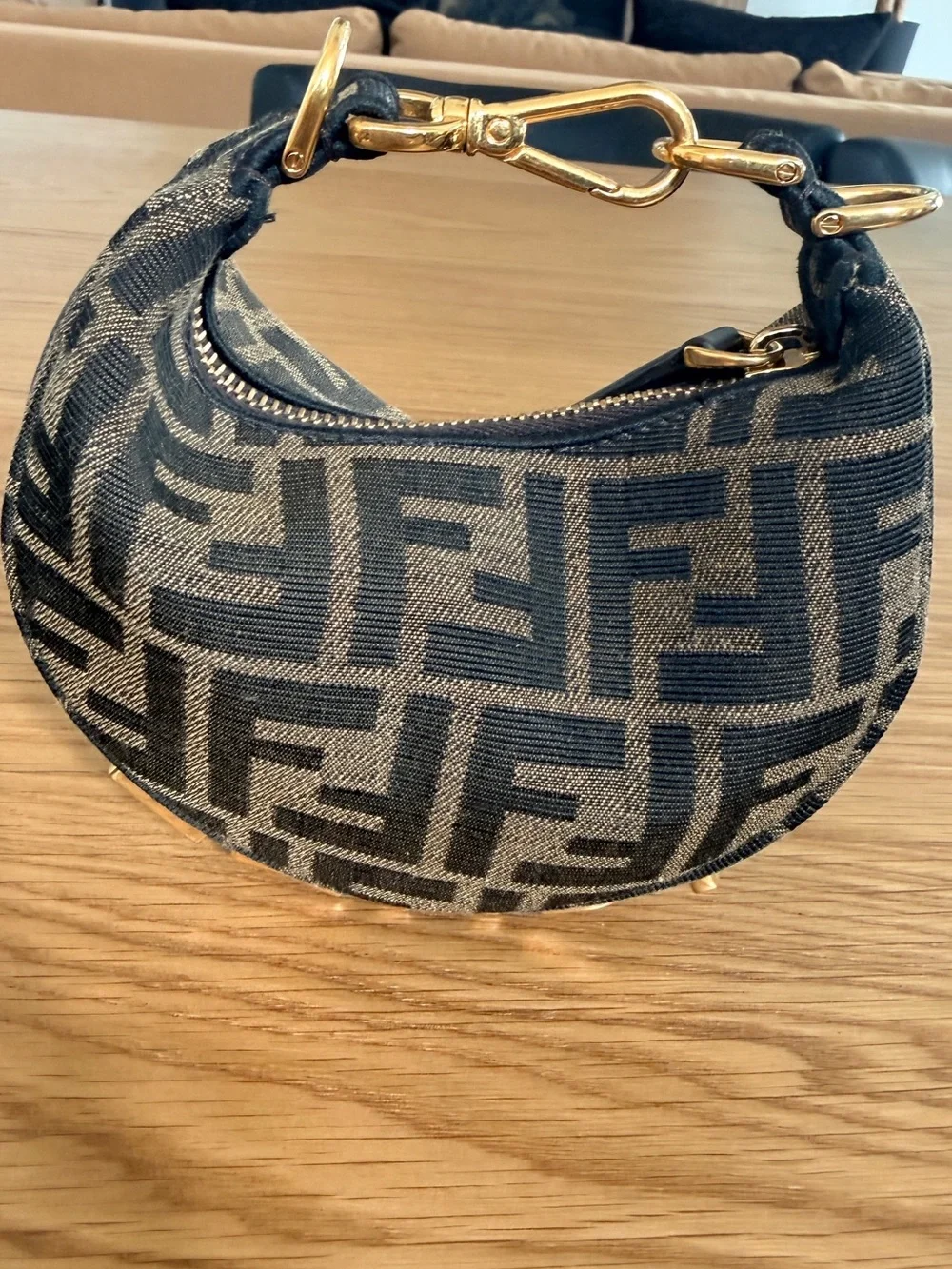 Fendi Black and Brown Monogram Zip Pouch with Gold Hardware